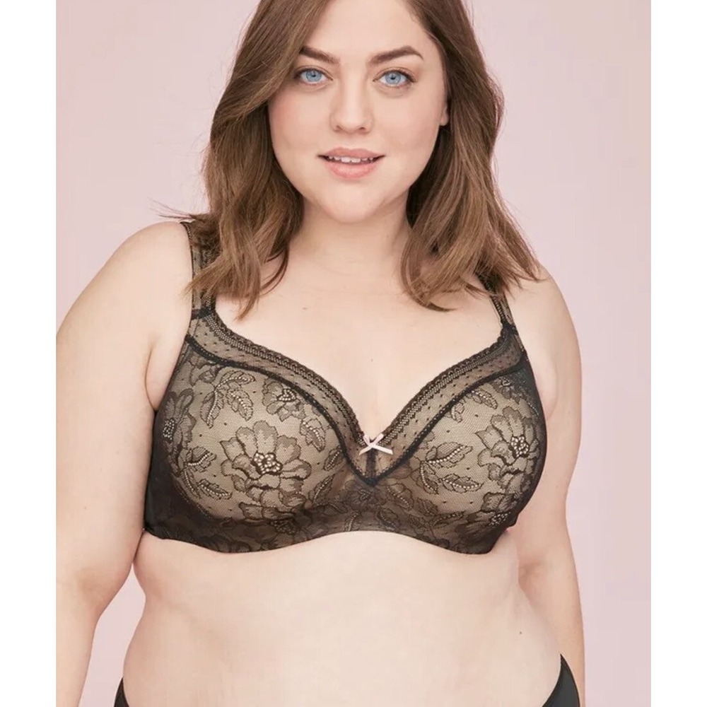 Cacique Modern Lace Balconette Bra Black Nude Floral 46DD Underwire LL BALC